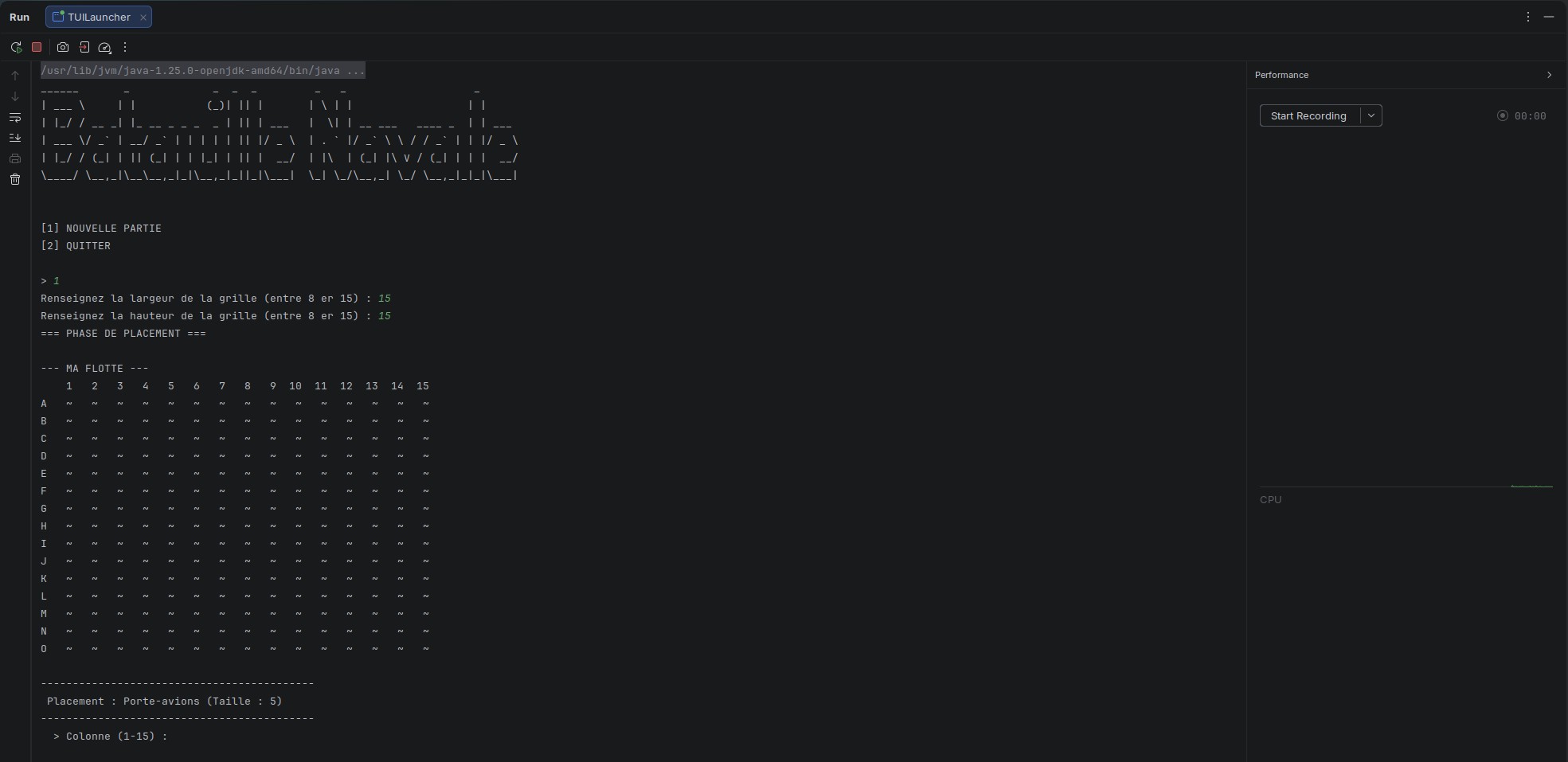 écran d'accueil de l'interface TUI de la Bataille Javale